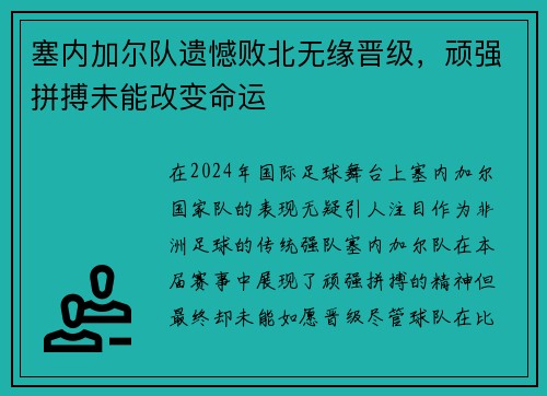 塞内加尔队遗憾败北无缘晋级，顽强拼搏未能改变命运