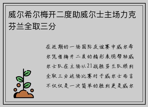 威尔希尔梅开二度助威尔士主场力克芬兰全取三分