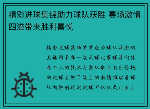 精彩进球集锦助力球队获胜 赛场激情四溢带来胜利喜悦