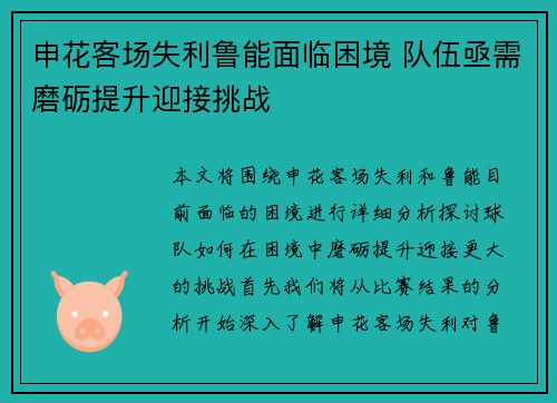 申花客场失利鲁能面临困境 队伍亟需磨砺提升迎接挑战