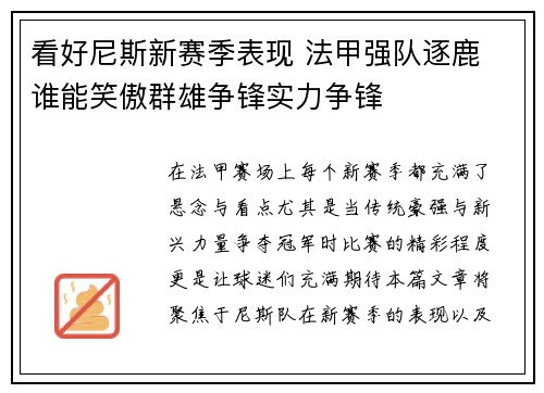 看好尼斯新赛季表现 法甲强队逐鹿 谁能笑傲群雄争锋实力争锋