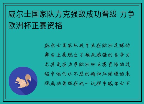 威尔士国家队力克强敌成功晋级 力争欧洲杯正赛资格