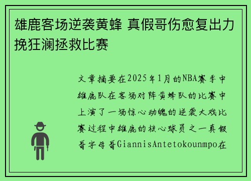 雄鹿客场逆袭黄蜂 真假哥伤愈复出力挽狂澜拯救比赛