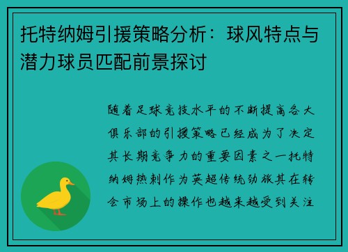 托特纳姆引援策略分析：球风特点与潜力球员匹配前景探讨