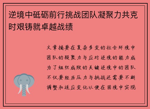 逆境中砥砺前行挑战团队凝聚力共克时艰铸就卓越战绩