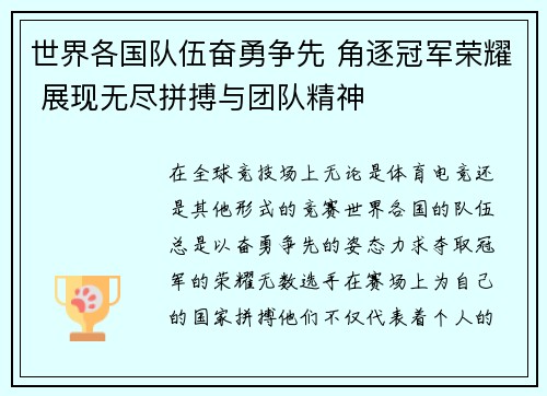 世界各国队伍奋勇争先 角逐冠军荣耀 展现无尽拼搏与团队精神