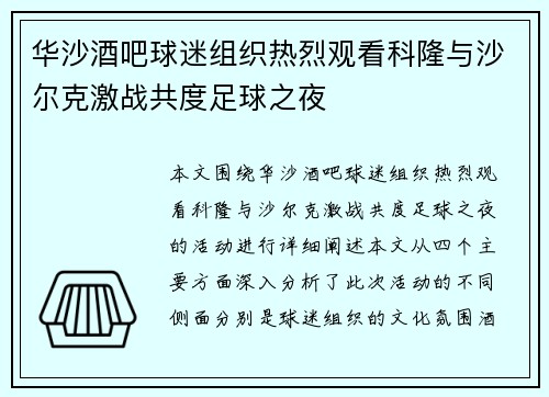 华沙酒吧球迷组织热烈观看科隆与沙尔克激战共度足球之夜