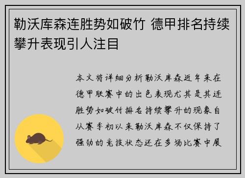 勒沃库森连胜势如破竹 德甲排名持续攀升表现引人注目