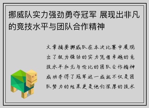 挪威队实力强劲勇夺冠军 展现出非凡的竞技水平与团队合作精神