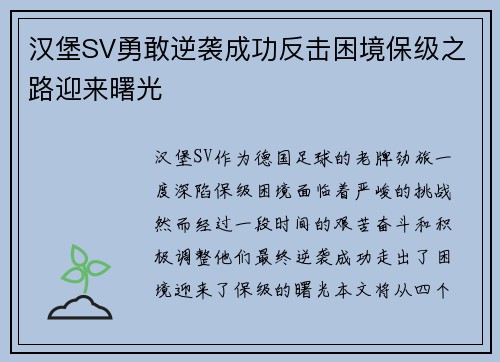 汉堡SV勇敢逆袭成功反击困境保级之路迎来曙光
