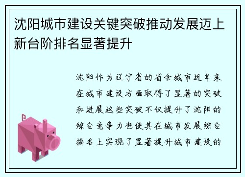 沈阳城市建设关键突破推动发展迈上新台阶排名显著提升