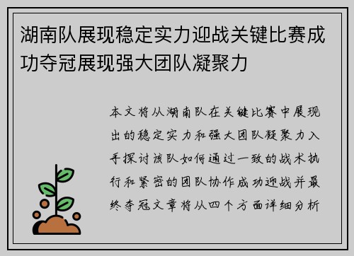 湖南队展现稳定实力迎战关键比赛成功夺冠展现强大团队凝聚力
