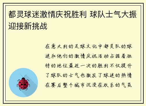 都灵球迷激情庆祝胜利 球队士气大振迎接新挑战